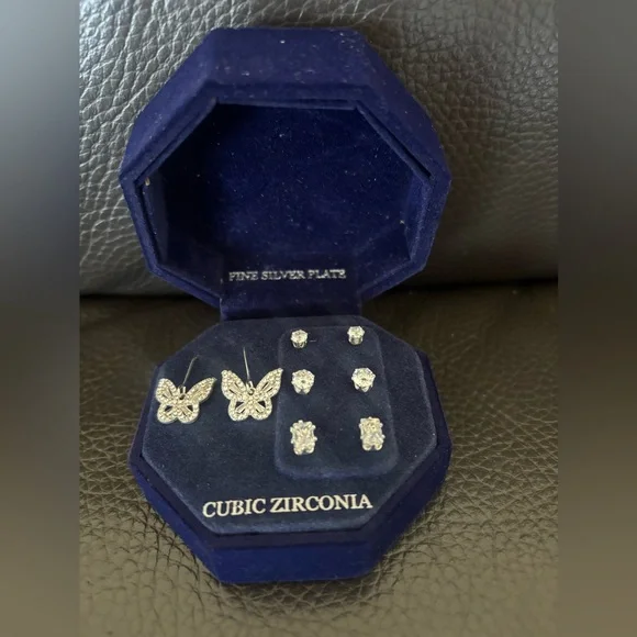 Cubic Zirconia Silver-Plated Butterfly & Stud Earring Set - Picture 2 of 6
